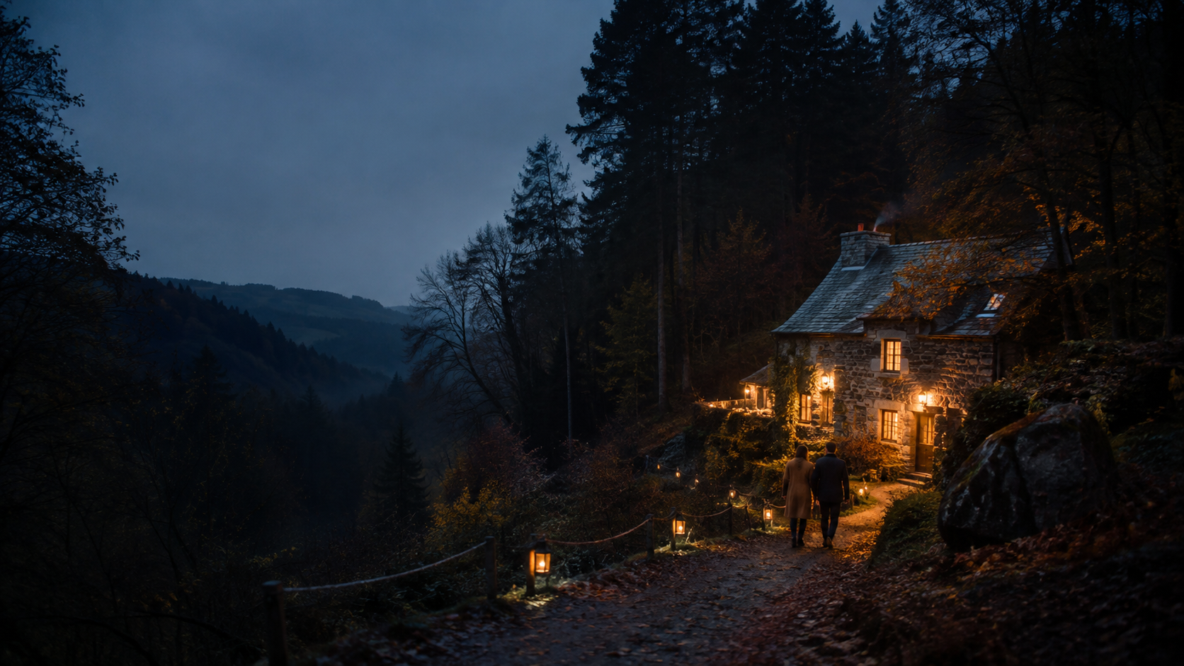Maison de pierre illuminée à la lisière d’une forêt au crépuscule